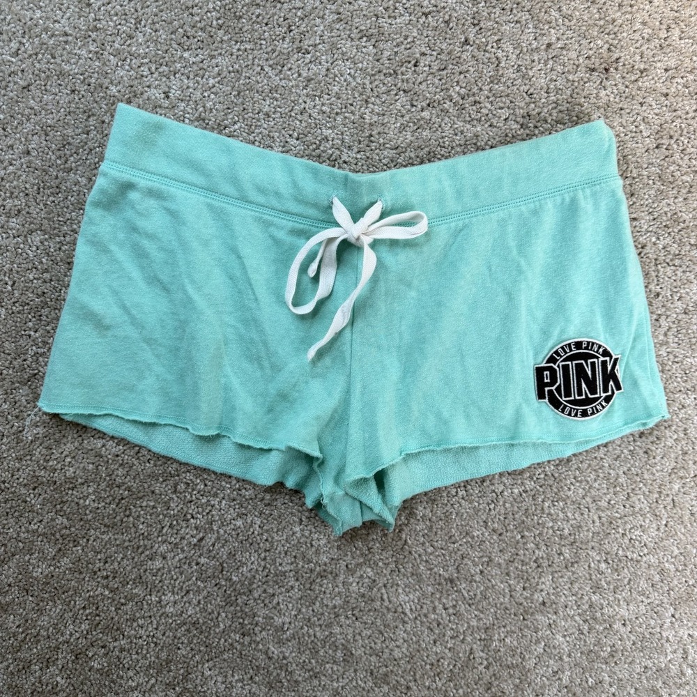 PINK Victoria's Secret Sweat Shorts Womens M Green Logo Drawstring Lounge Casual
